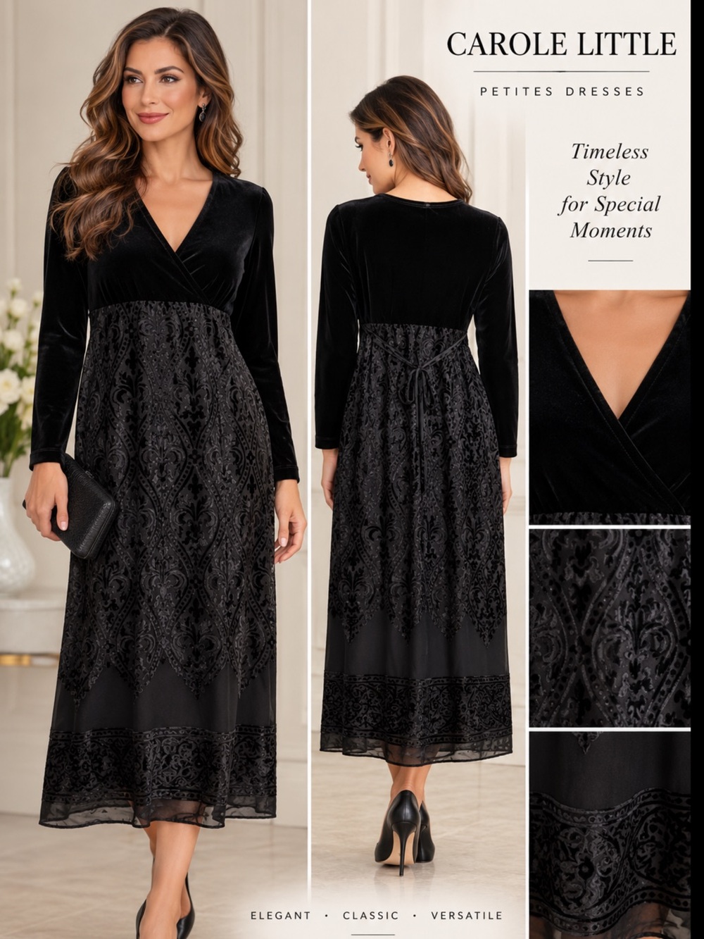 Carole Little Women’s Size 10 Black Velvet Burnout Midi Dress Long Sleeve